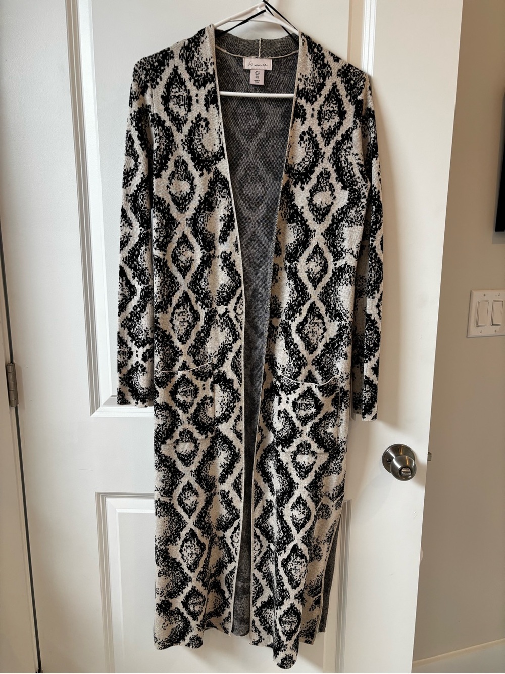 if it were me Black and Cream Long Open-Front Patterned Cardigan